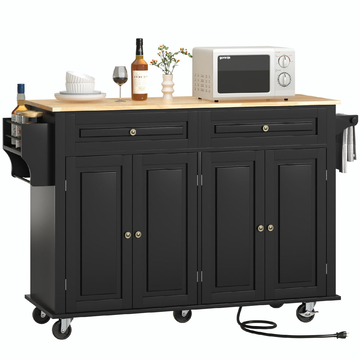 Hlivelood 55" Movable Kitchen Island with Drop Leaf and Power Outlet, Rolling Cart with Storage Cabinet, Island Table on Wheels for Kitchen with 2 Drawers, Spice Rack, Towel Bar, Garage Hook, Black