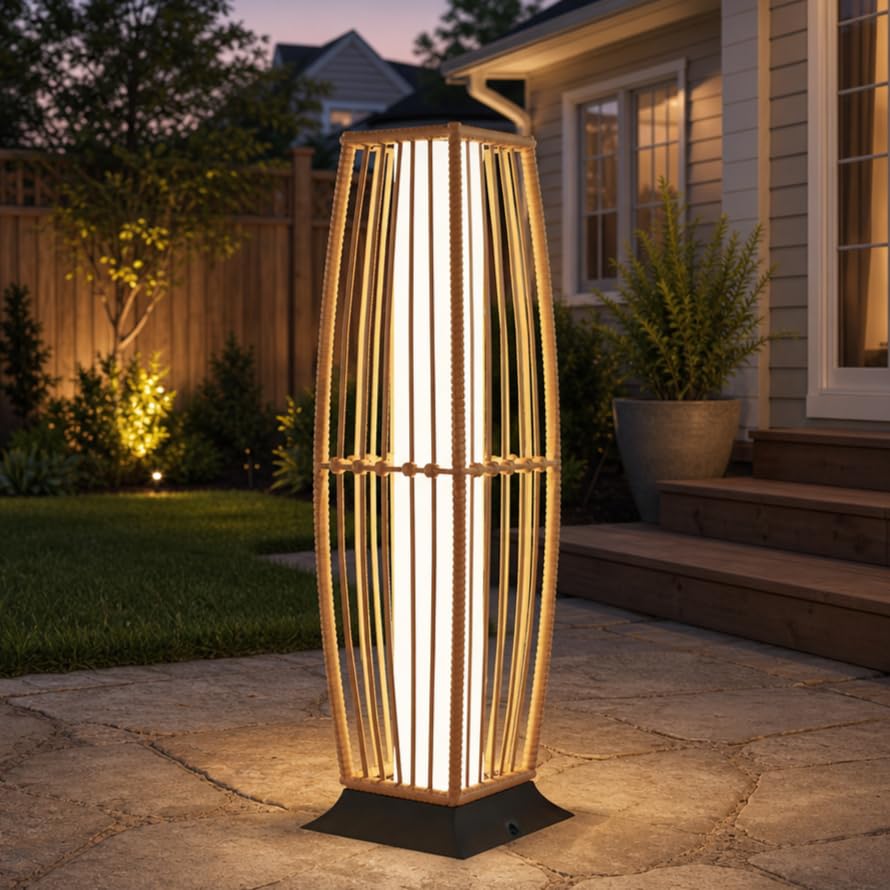 Grand patio 2-Piece Outdoor Floor Lamp Solar Powered Lantern Waterproof Wicker Boho Deck Lights for Garden Porch Decor, Large Crossover