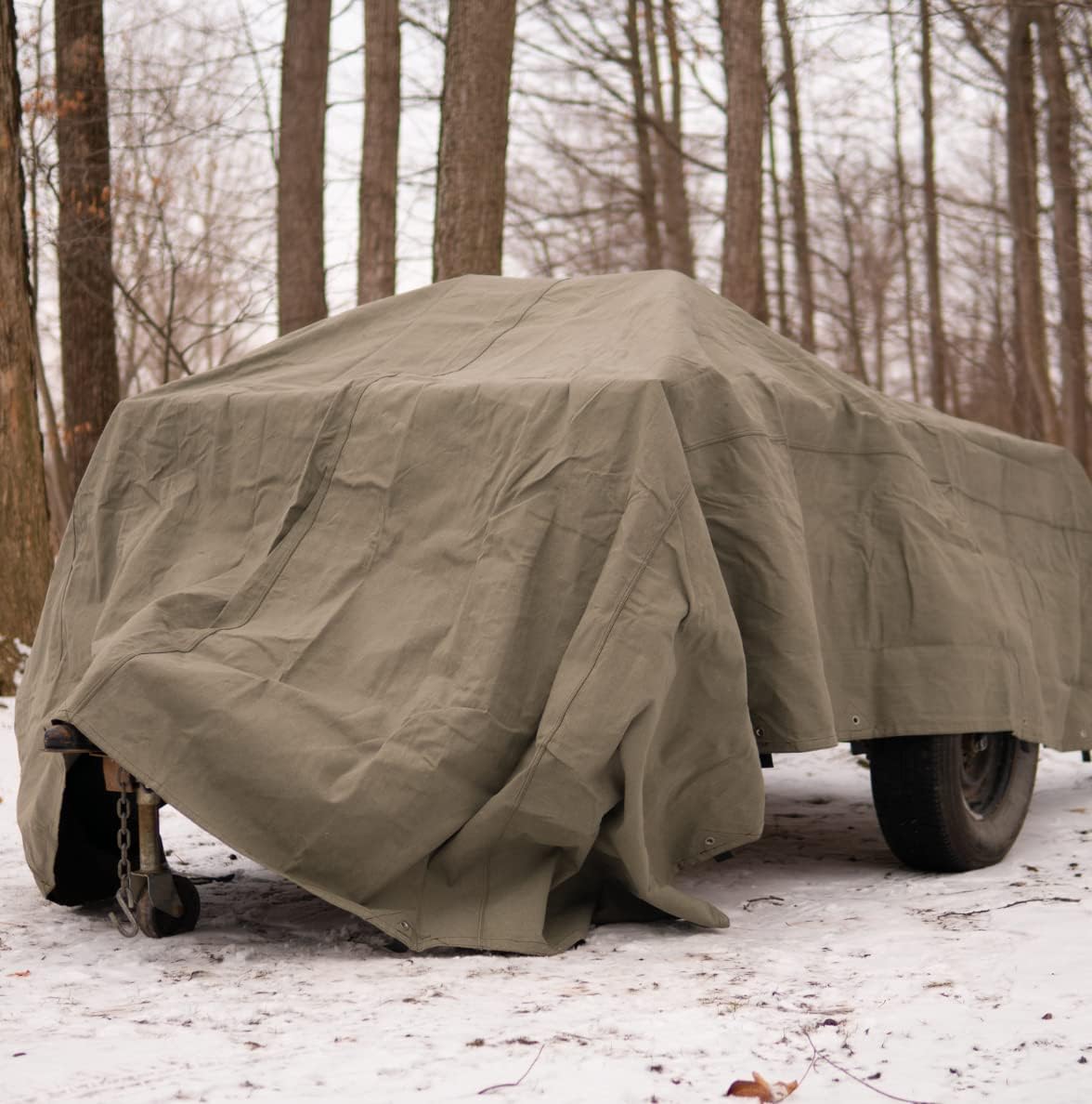 WHITEDUCK Canvas Tarp 18 oz. Heavy Duty Water Repellent UV Resistant, Rustproof Grommets, Industrial & Commercial Use Cloth Tarp (Cut Size: 8'x12', Finished Size: 7'6"x11'6", Olive Drab)
