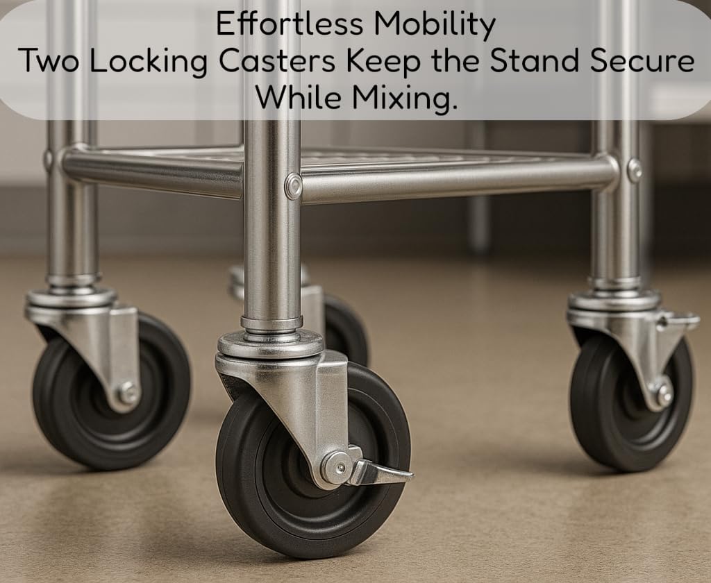 30 Qt. Stainless Steel Mixing Bowl and Stand Kit – Heavy Duty Commercial Mixing Bowl with Mobile Stand, Dual Shelves, and Locking Casters for Kitchen or Bakery Use