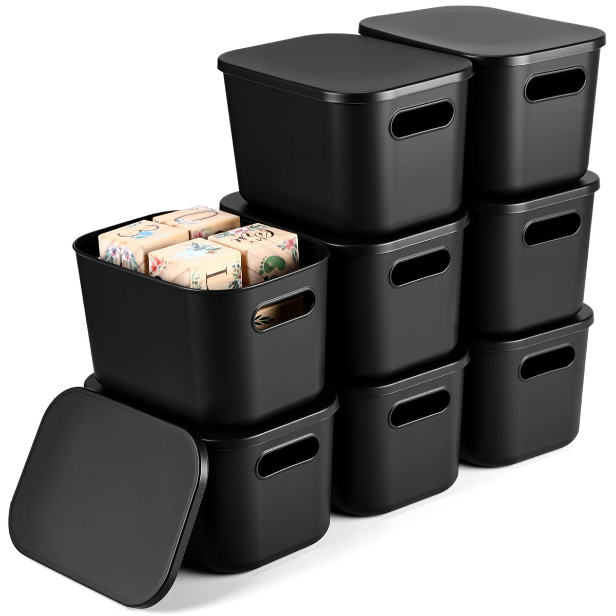 Hoolerry 8 Pieces Storage Bins, 14.2 x 10.2 x 9.5 Inch, Black