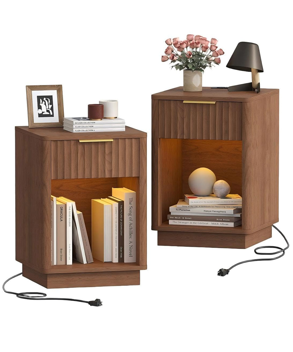Akxomel Fluted Nightstand Set 2 Bedside Table with Charging Station Oak