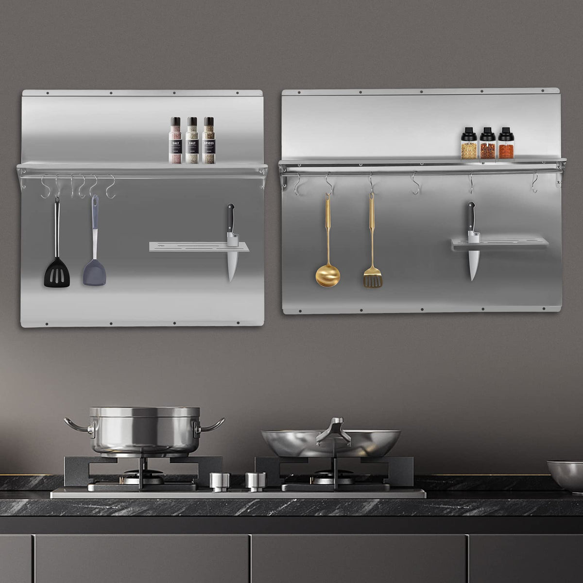 Range Backsplash with Shelf Range Hood Wall Shield, Stainless Steel Backsplash Silver Splash Plate, Backsplash with Built-in Storage Shelf and Hanging Rack For Home Use (Silver-30 x 30.7 Inch)