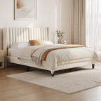 Yaheetech Queen Bed Frame with Headboard, Ivory Channel-Tufted Platform