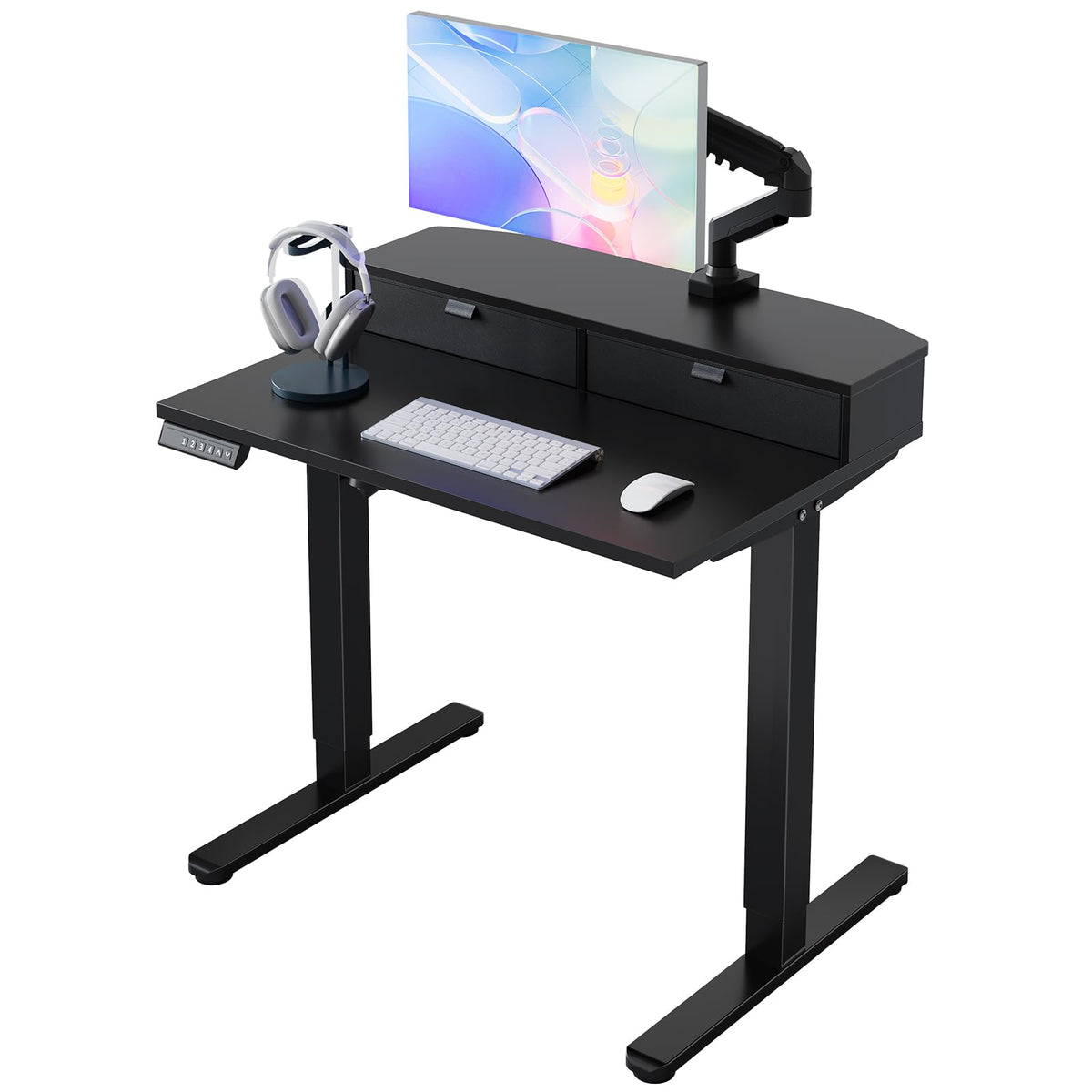 HUANUO 48″ x 28″ Electric Standing Desk with 2 Drawers, C-Clamp Mount Compatible, Height Adjustable Computer Desk, Home Office Stand Up Desk with 4 Preset Heights & 2 Hooks, Black