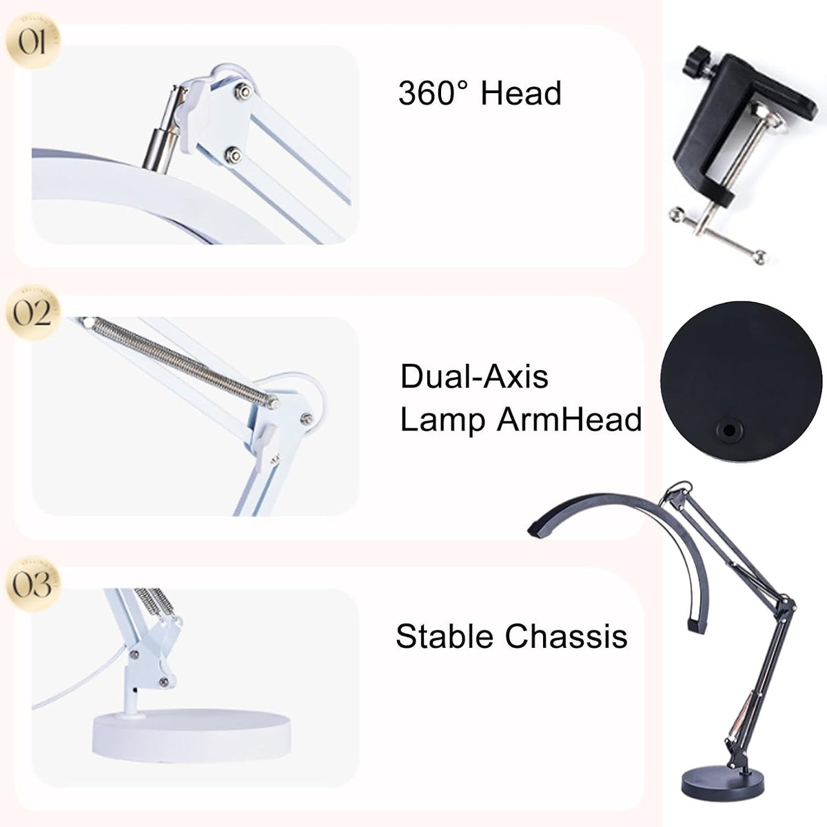 Eyelash Extension LED Desk Lamp, Dimmable Swing Arm Nail Lamp for Manicurists, Beauticians (White)