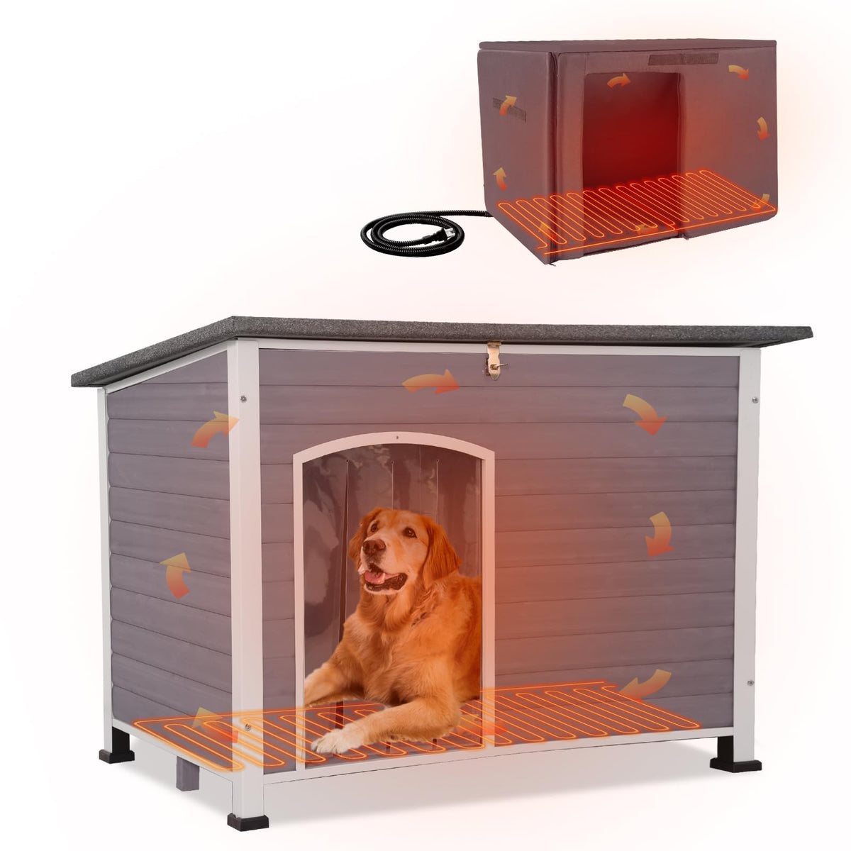 GUTINNEEN Heated Dog House Outdoor Insulated Dog House Weatherproof Dog Kennel with Thermostat-Controlled Heating Pad, 6-Sided Thermal Liner, Chew-Proof Metal Frame for Dogs