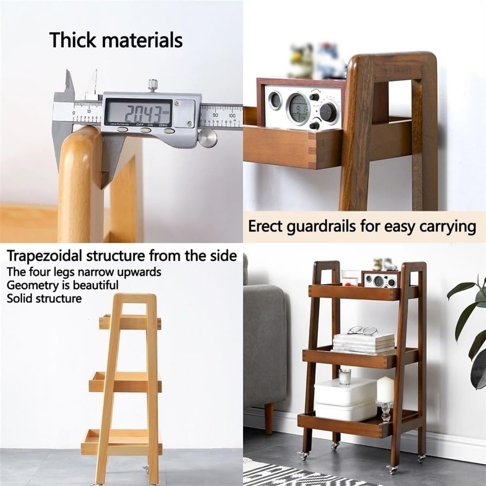 3-Tier Floor Bookcase, Solid Wood Ladder Shelf with Wheels, Side Table for Living Room, Craft Cart Fit in Kitchen, Narrow Space, Ladder Bookshelf with Handle(Yellow)