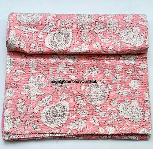 Indian Handblock Kantha Floral Printed Handmade Quilted Blanket Vintage Home Decorative KanthaThrow Blanket Kantha Bedcover Queen/King / CaliforiniaKing (Pink, Queen/king 90X108 inches)