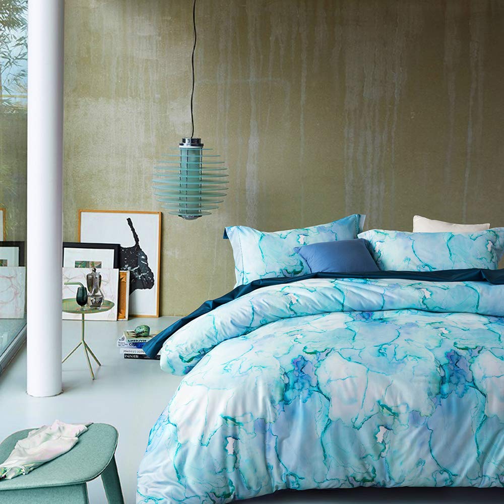 MILDLY White Floral Green Leaves Luxury Duvet Cover Set 3pcs King