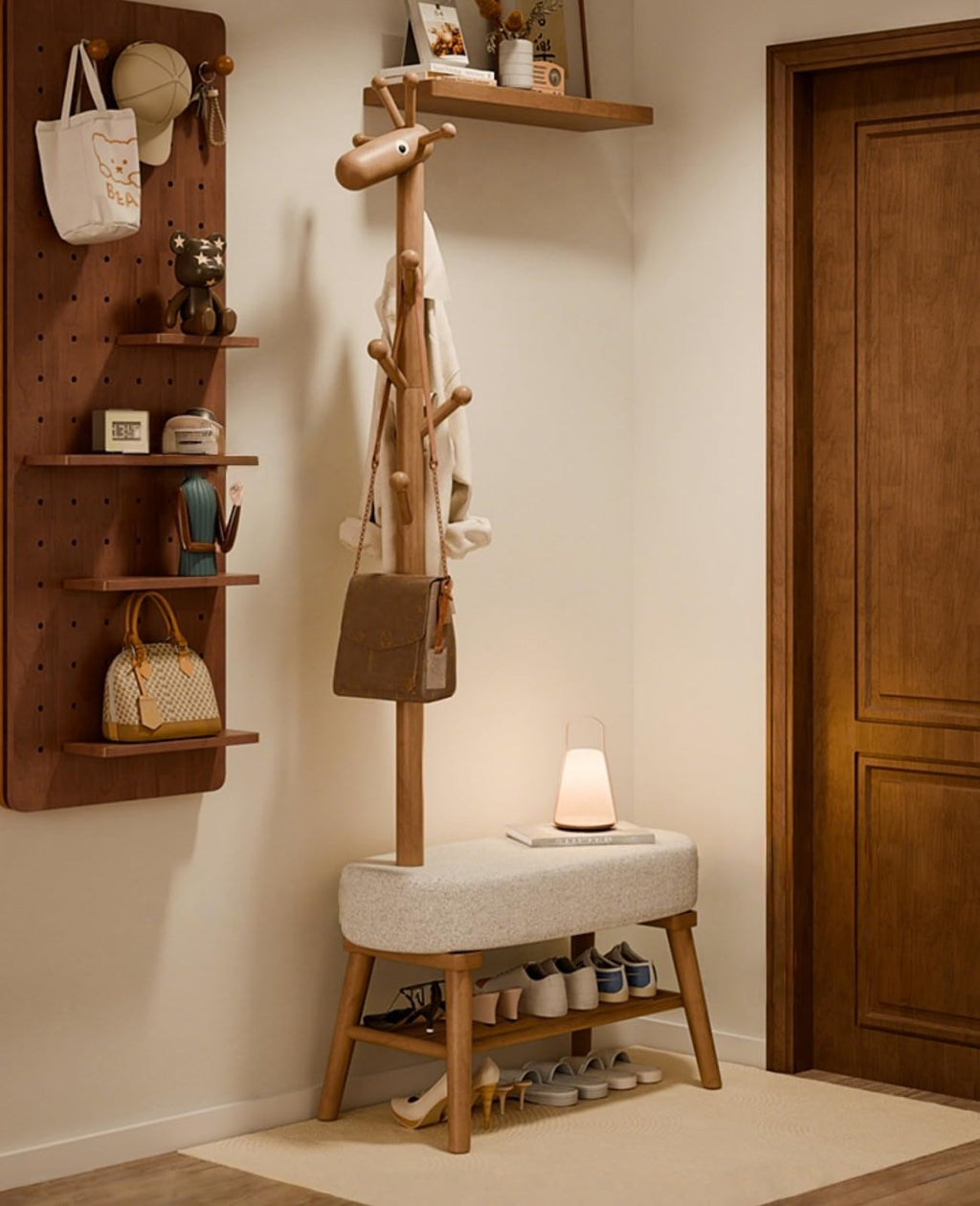 Solid Wood Shoe Bench & Coat Rack 2-in-1 - Removable for Entryway/Living Room (Walnut,23.6" L*14.1" W*68.5" H)