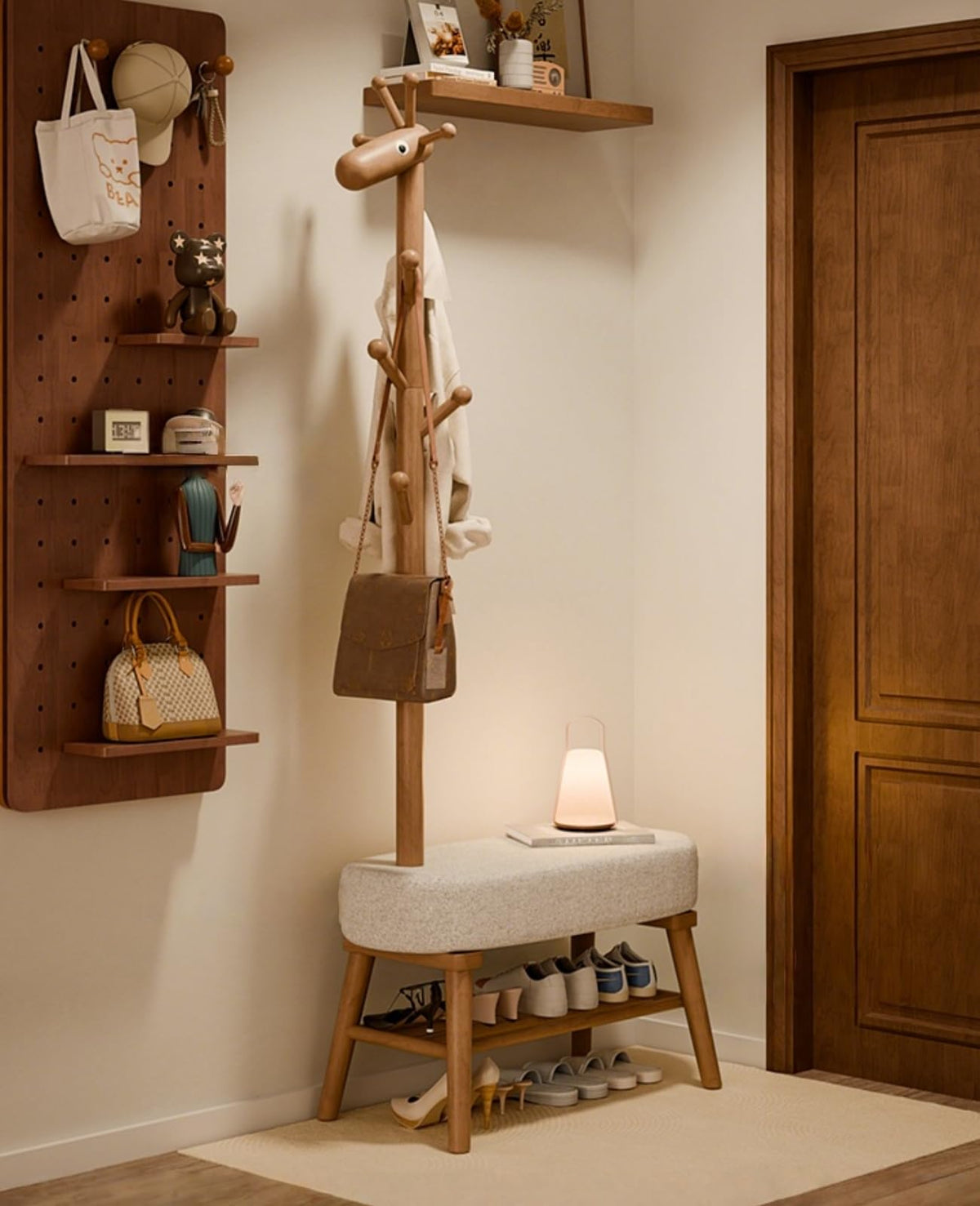 Solid Wood Shoe Bench & Coat Rack 2-in-1 - Removable for Entryway/Living Room (Walnut,23.6" L*14.1" W*68.5" H)