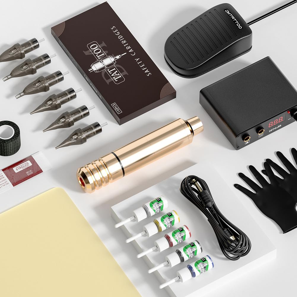 Rotary Tattoo Machine Kit with Tattoo Pen Power Supply 10 Cartridges 10 Color Bottles Foot Pedal for Professional Tattoo Artists Lining and Shading Work,Black