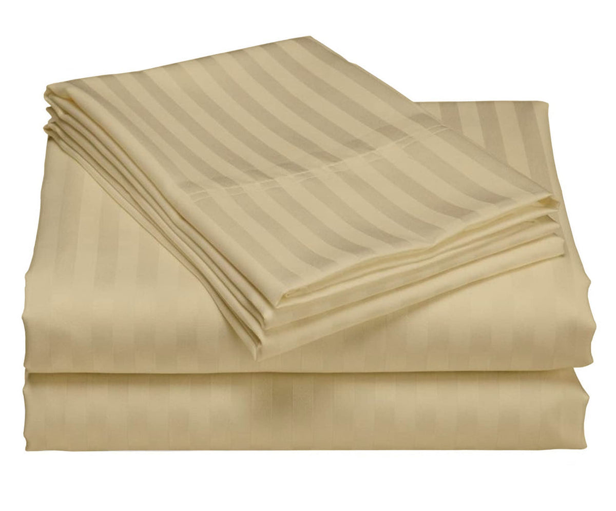 USA King Sheet Set in Ivory Stripe 400 Thread-Count 100% Egyptian Long Staple Cotton, Sateen Weave for Soft and Silky Feel, Breathable 4-Piece Bedsheet, Elasticized 24'' Extra Deep Pocket