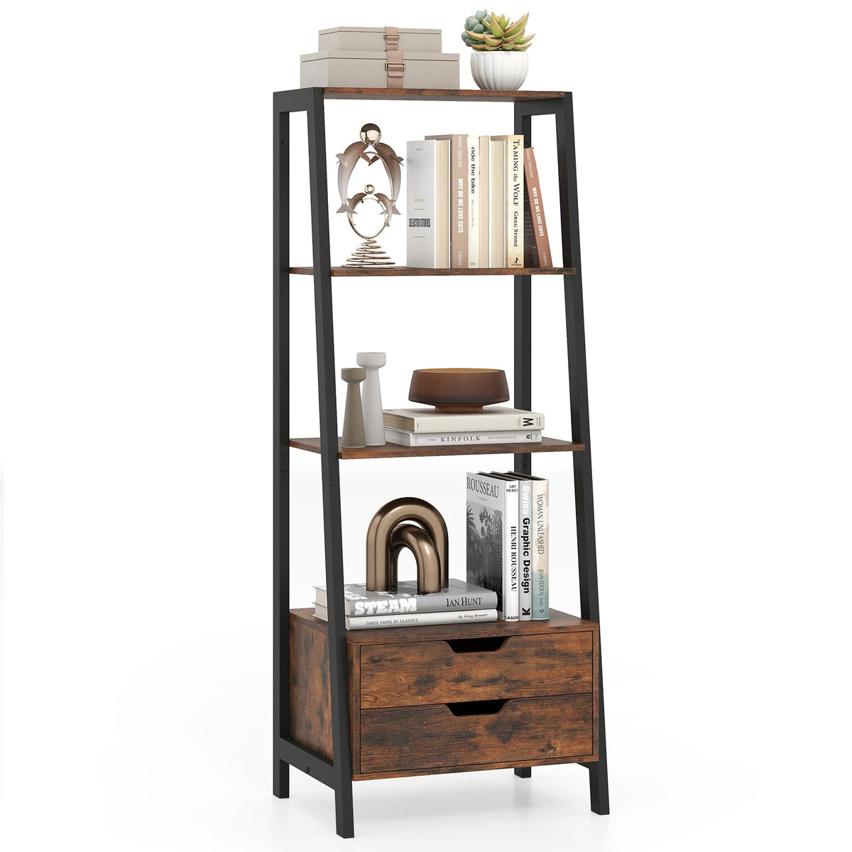 GIANTEX 4-Tier Bookshelf with 2 Drawers Set of 2, Modern Ladder Bookshelf w/Storage, Sturdy Metal Frame, Anti-toppling Devices, Display Standing Shelf Unit, Freestanding Bookcase, White & Gold