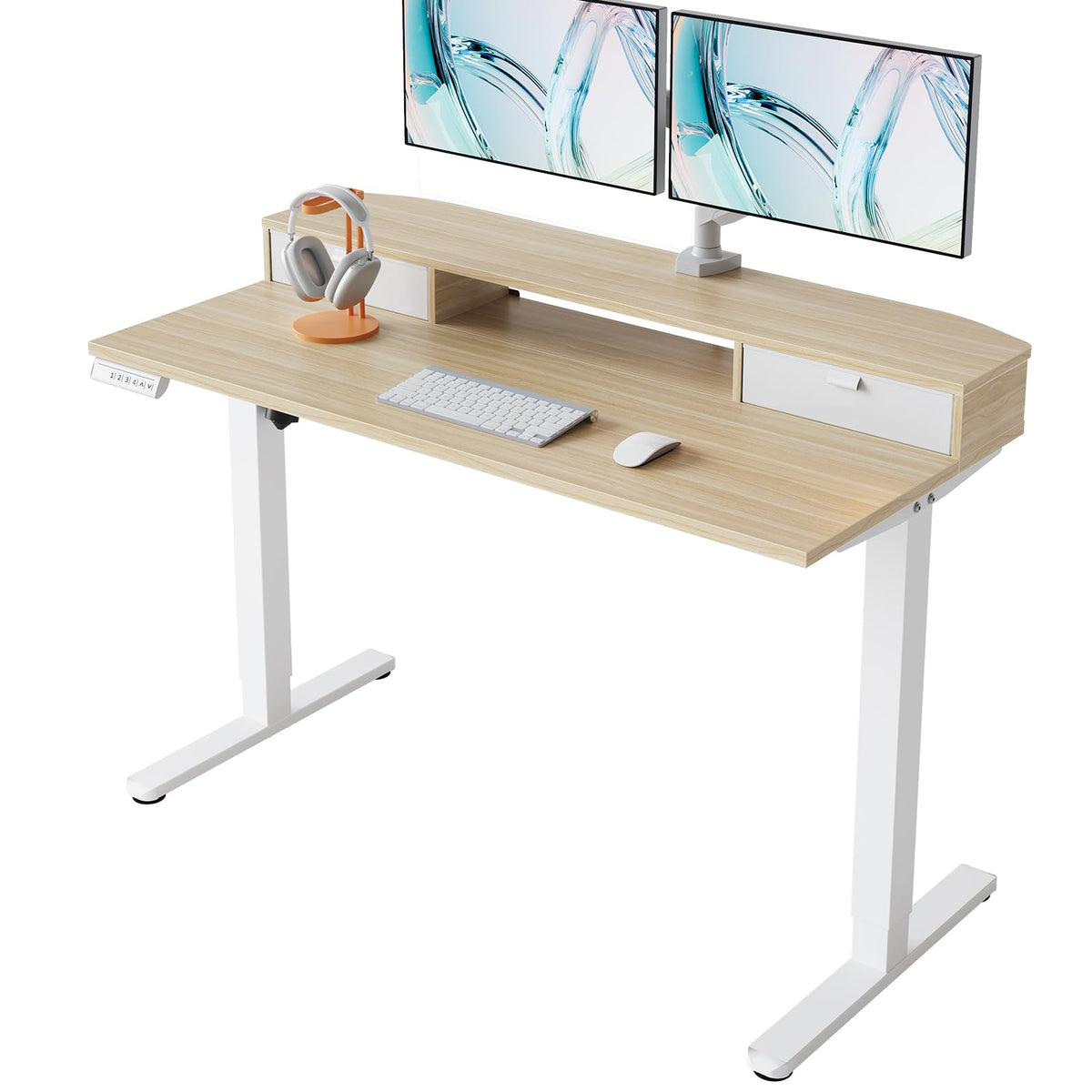 HUANUO 48″ x 28″ Electric Standing Desk with 2 Drawers, C-Clamp Mount Compatible, Height Adjustable Computer Desk, Home Office Stand Up Desk with 4 Preset Heights & 2 Hooks, Black