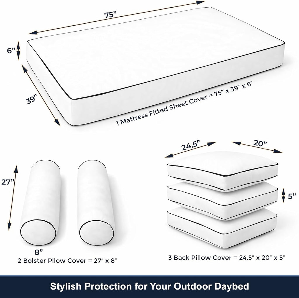 Cottington Lane 6 Piece Outdoor Daybed Cushion Cover Set, Twin Size Fitted 39" x 75" with 6" Deep Fit, Waterproof Indoor Daybed/Porch Swing Bed Mattress & Pillow Bolster Cushion Cover, White