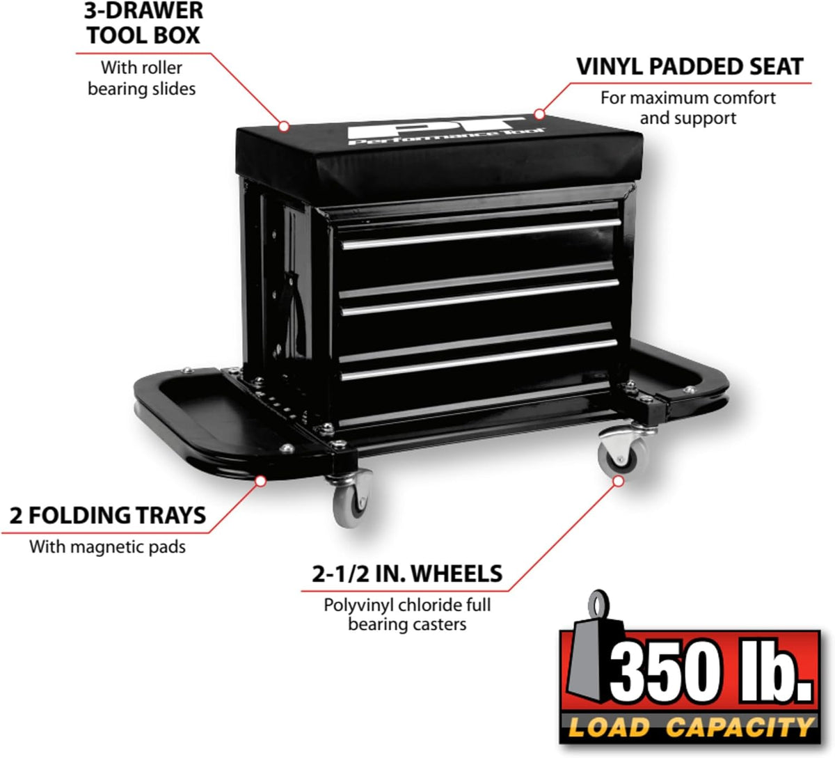 Performance Tool W85025 3-Drawer Rolling Tool Chest Seat With Magnetic Side Trays, Black