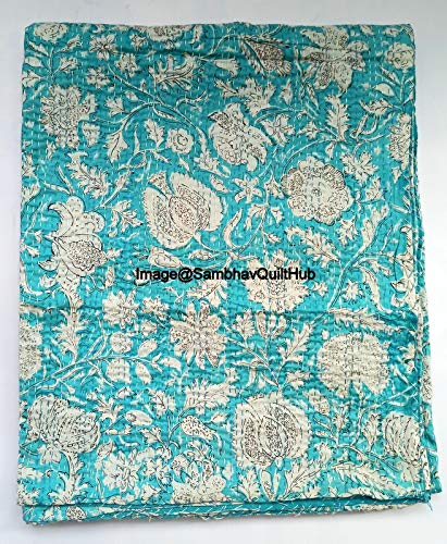 Indian Handblock Kantha Floral Printed Handmade Quilted Blanket Vintage Home Decorative KanthaThrow Blanket Kantha Bedcover Queen/King/CaliforiniaKing (Green, California King(108X108) inches)