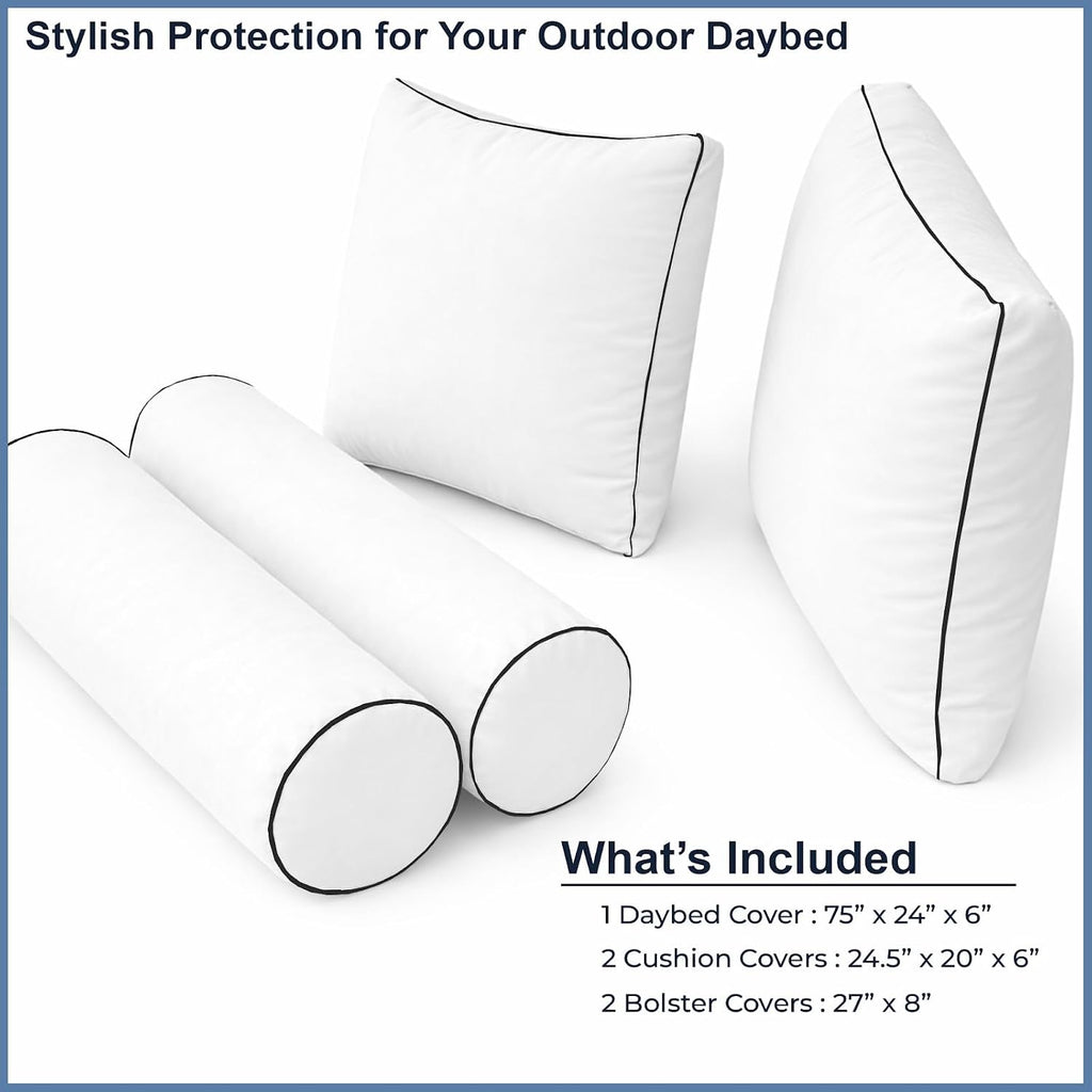 Cottington Lane 5 Piece Outdoor Daybed Cushion Cover Set, Twin Size Fitted 39" x 75" with 6" Deep Fit, Waterproof Indoor Daybed/Porch Swing Bed Mattress & Pillow Bolster Cushion Cover, White