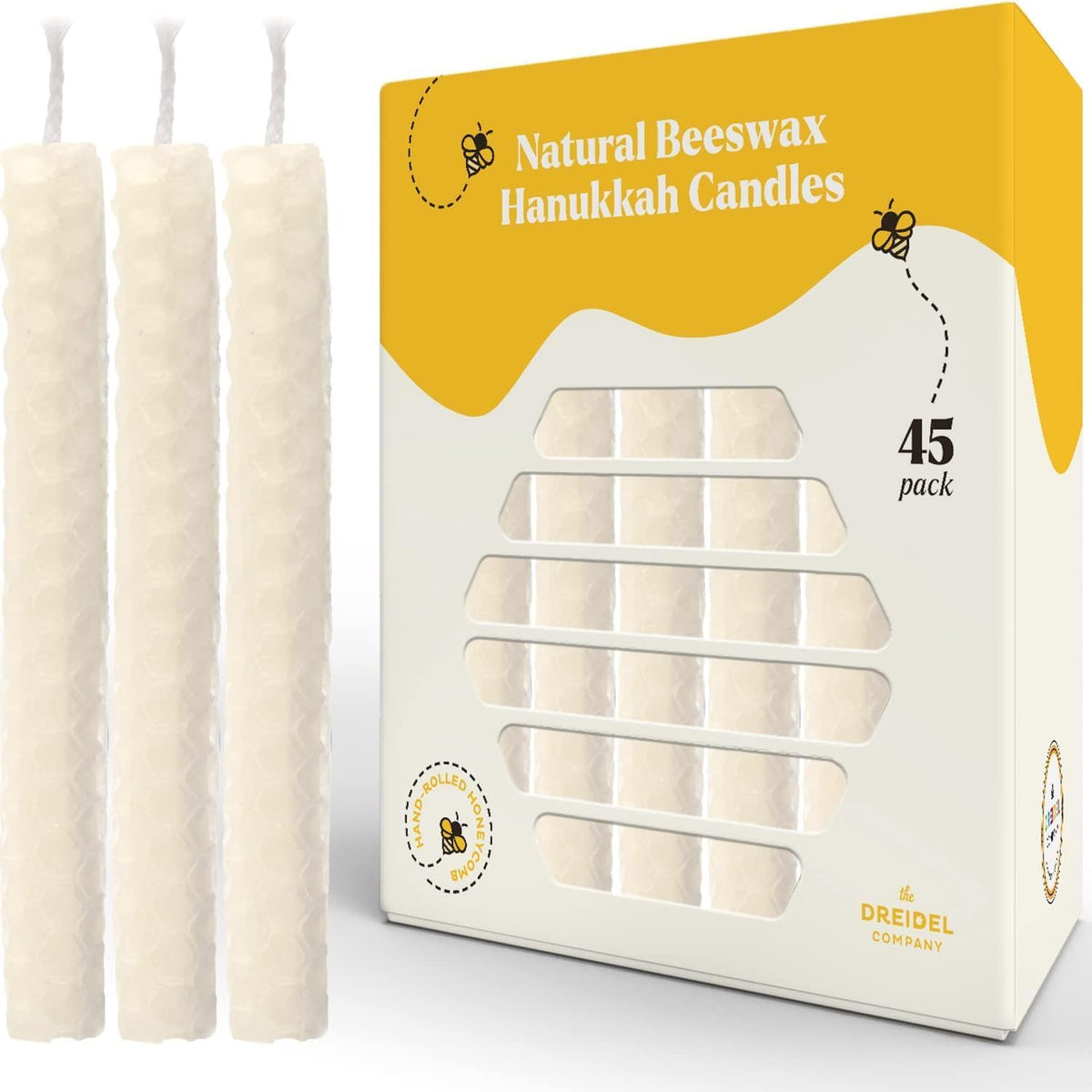 The Dreidel Company 24-Pack Hand Rolled Hanukkah Candle Natural Honeycomb Beeswax White, 45 Minute Burn Time, 45 Candles for All 8 Nights of Chanuka