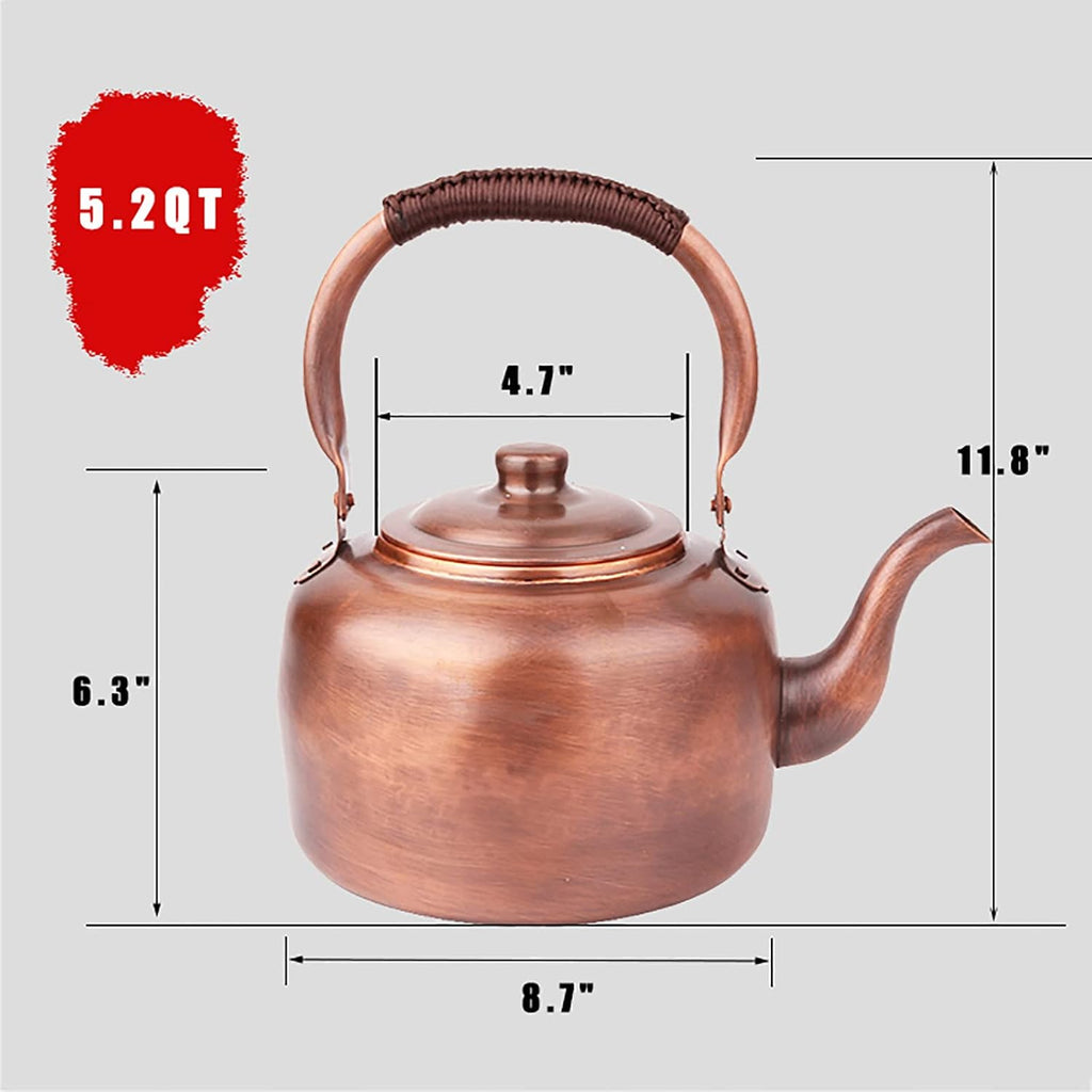 Premium Rustic Copper Tea Kettle for Stove Top, Whistling Kettle Teapot with Ergonomic Handle, Works for All Stovetops