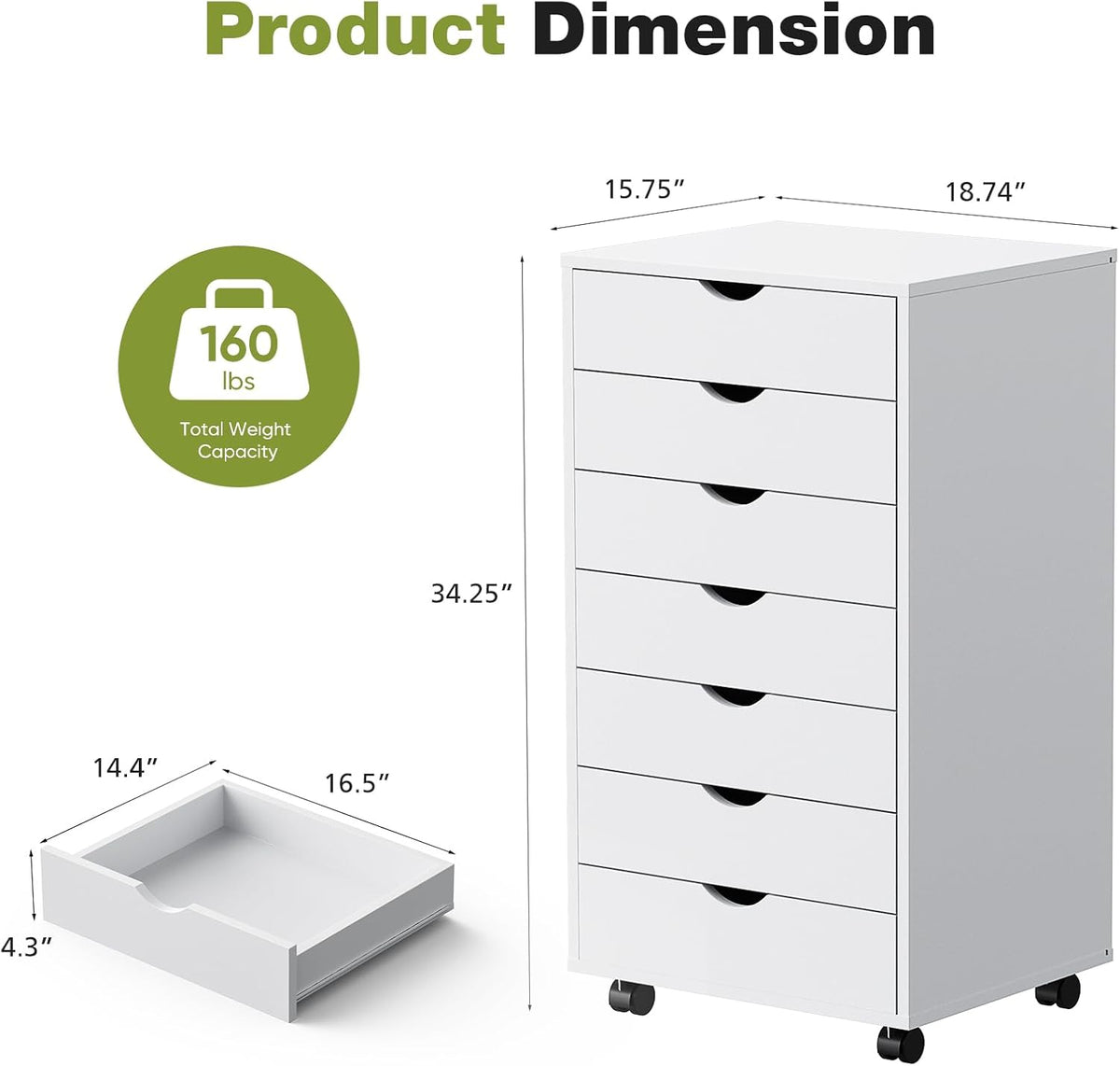 Sweetcrispy 7 Drawer Rolling Storage Cabinet, Wood Under Desk Mobile Dresser with Wheels, Small Organizer Chest for Home Office, Bedroom, Living Room, Compact Vertical Storage Furniture Unit, White