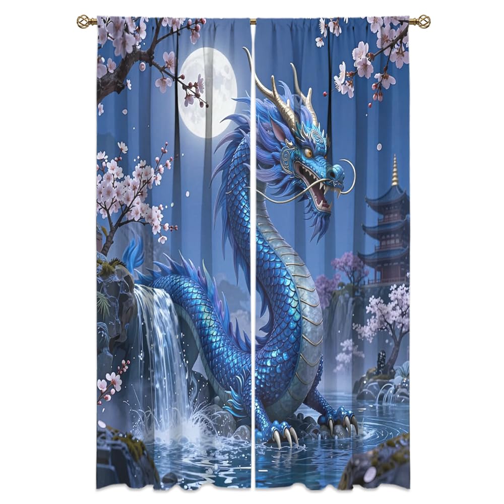 Dreamy Ice Fire Dragon Rod Pocket Curtains-Fantasy Yin Yang Theme Blackout Curtains & Drapes for Bedroom,Mythological Wild Animals Dragon Room Darkening Window Curtain,2pcs,Each 52“W x 96”L