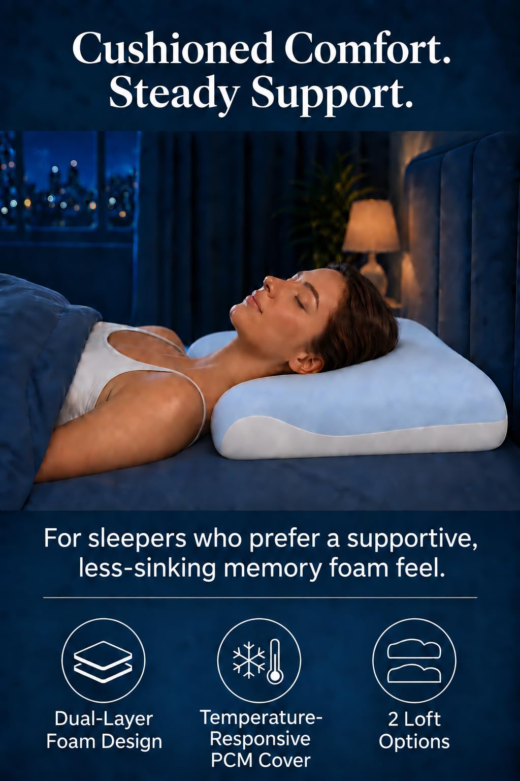 Memory Foam Pillow, Removable PCM Cover, Supportive Feel, Queen Loft 5.1"