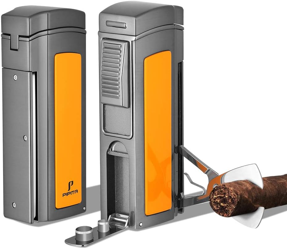PIPITA Windproof Cigar Torch Metal Gas Cigarette Butane Lighter with Quad Blue Flame Refillable Lighter and Two Punch