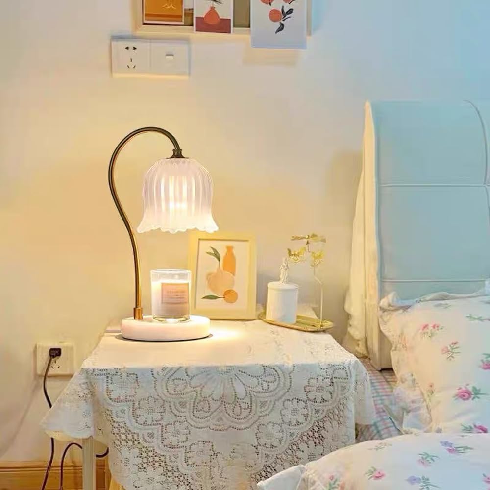 Candle Warmer Lamp,Candle Warmer Lamp with Marble Base, Candle Warmer Light Compatible with Various Candles for Home Decor,Brightness Adjustable for Jar Scented Wax Melts with 2 Bulbs