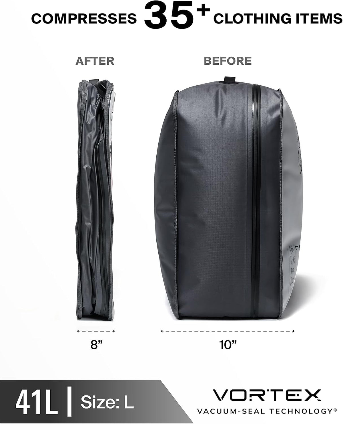 Black Voyage Reusable Vacuum Compression Travel Bag for Carry-On Suitcase and Backpack, Recycled IPX8 Waterproof Space Saver Vacpack (1-Pack, 41L - Pump Included)