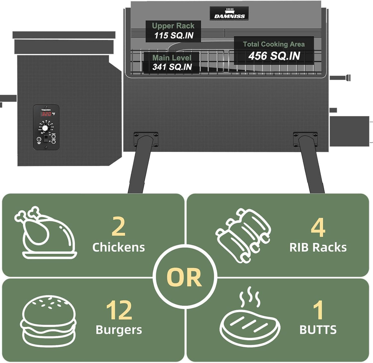 DAMNISS Wood Pellet Grill & Smoker 8-in-1 Pellet Grill with Automatic Temperature Control, & Rain Cover 456 Sq in Area for Backyard Camping Outdoor