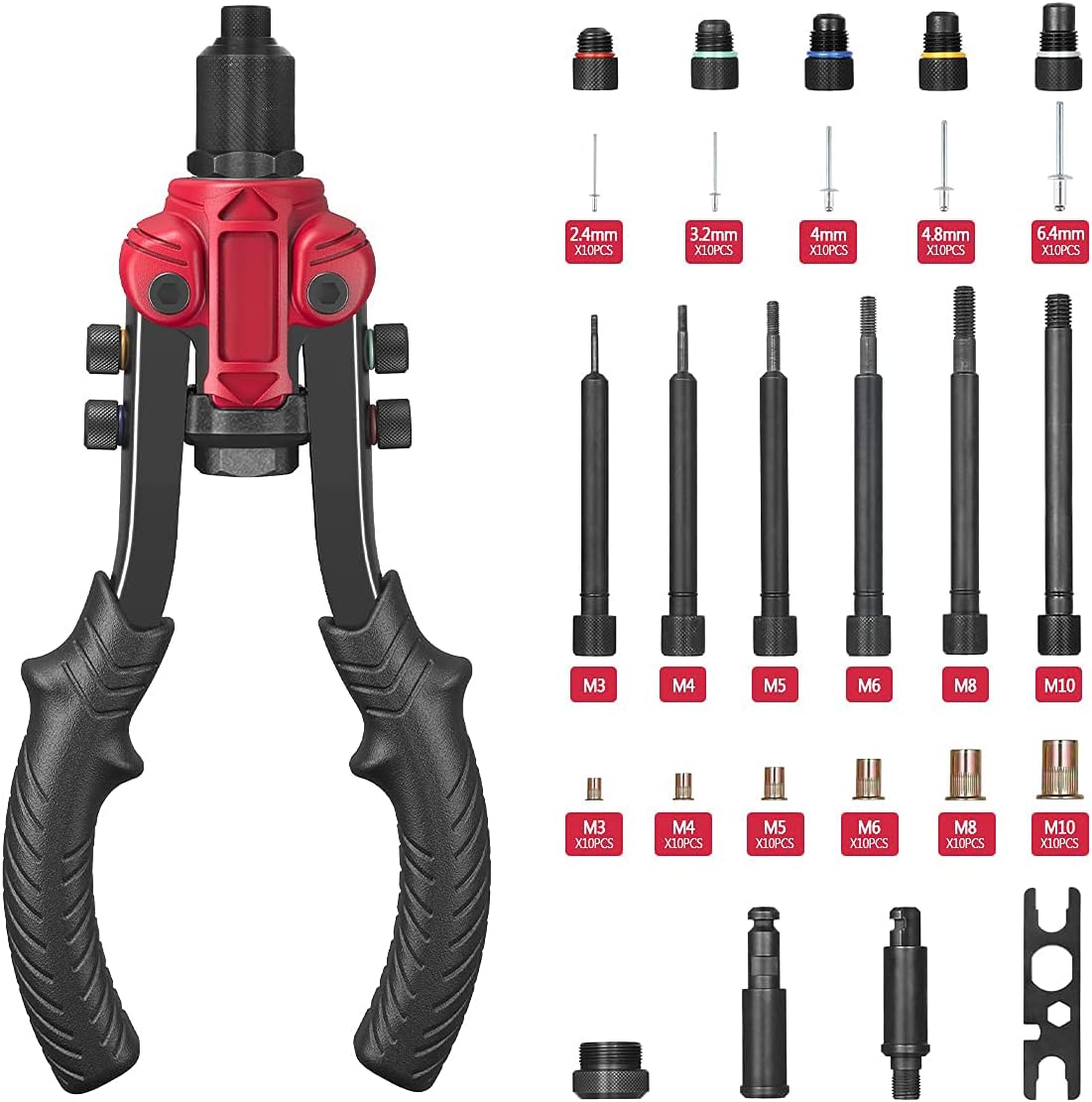 Rivet Nut Tool,3 in 1 Rivet Setter Kit,Rivet Nut Pliers Set with 6 Metric and SAE Mandrels,Including 60PCS Rivet Nuts, 50Pcs Rivets, Quick Change Head, 2 Reaming Mandrels