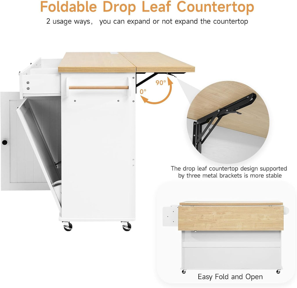 ONBRILL 60" Kitchen Island with Trash Can Storage, Rolling Island Table