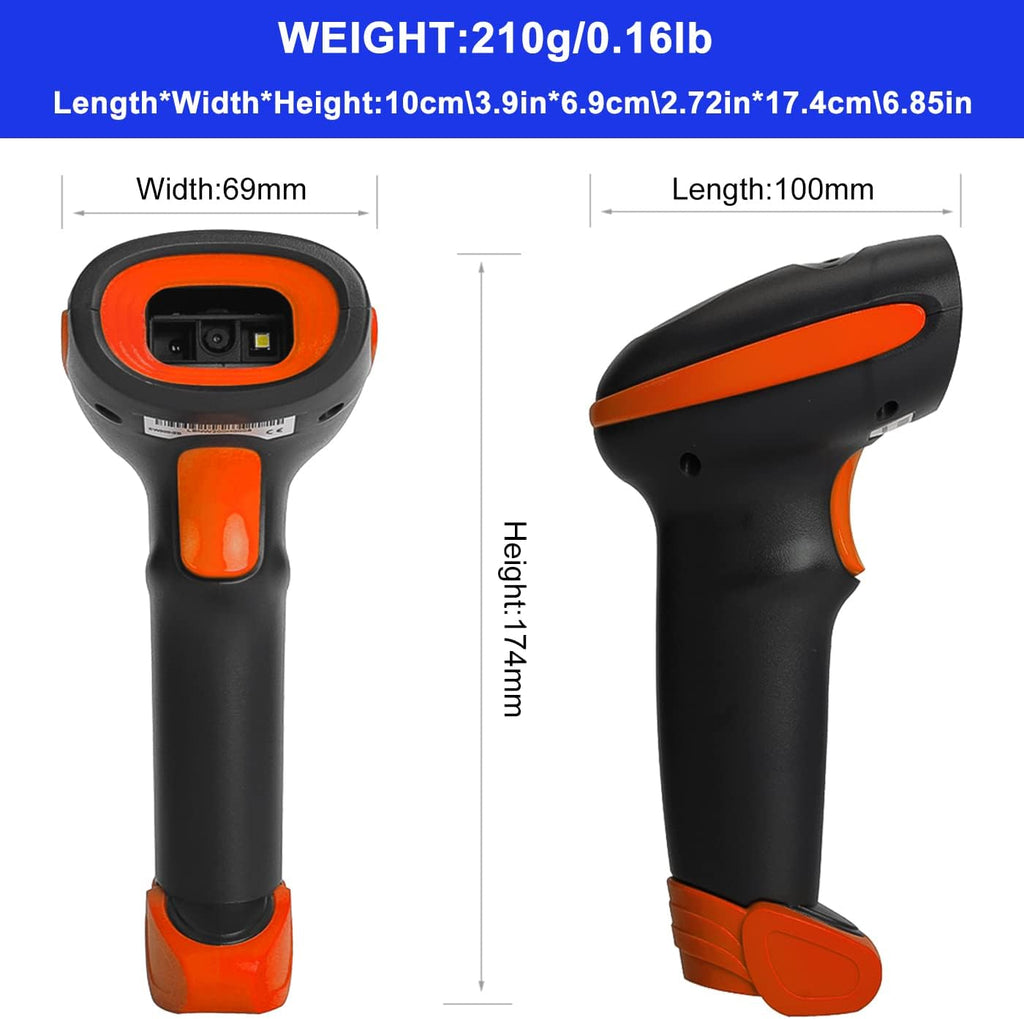 LENVII CW200 2D Barcode Scanner Wireless 2 in 1 Handhold Barcode Reader QR Code Scanner USB Bar Code Scanner for Shop use Store,Supermarket, Warehouse (Orange)