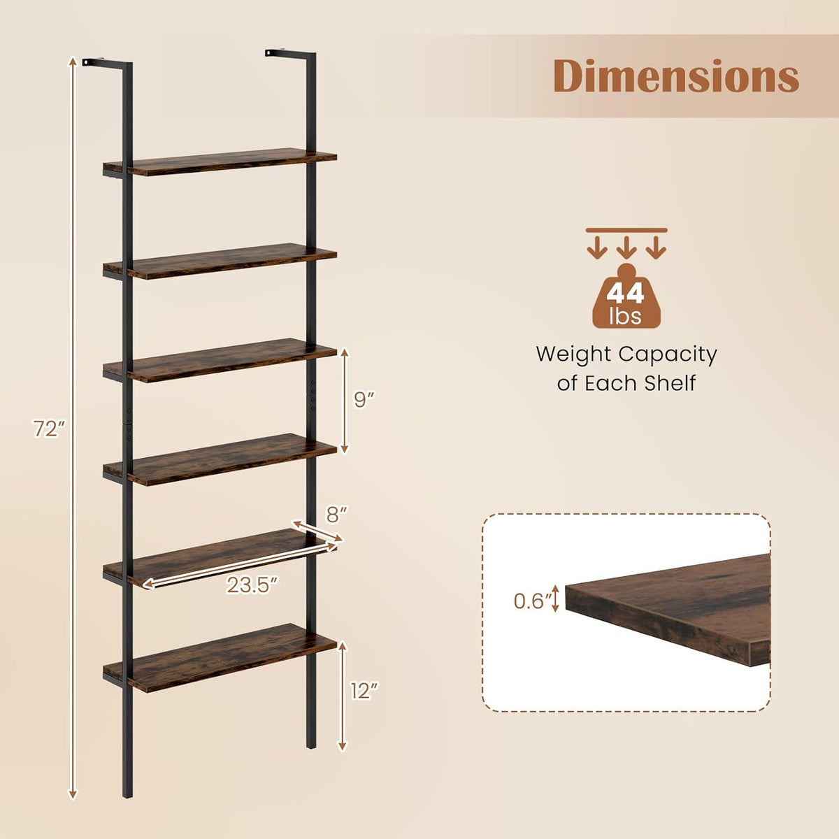 GIANTEX 6-Tier Ladder Shelf, 72" Wall Mounted Bookshelf with Metal Frame, Industrial Open Storage Shelves, Wooden Bookcase Display Rack for Living Room, Home Office, Bedroom (2,Rustic Brown)