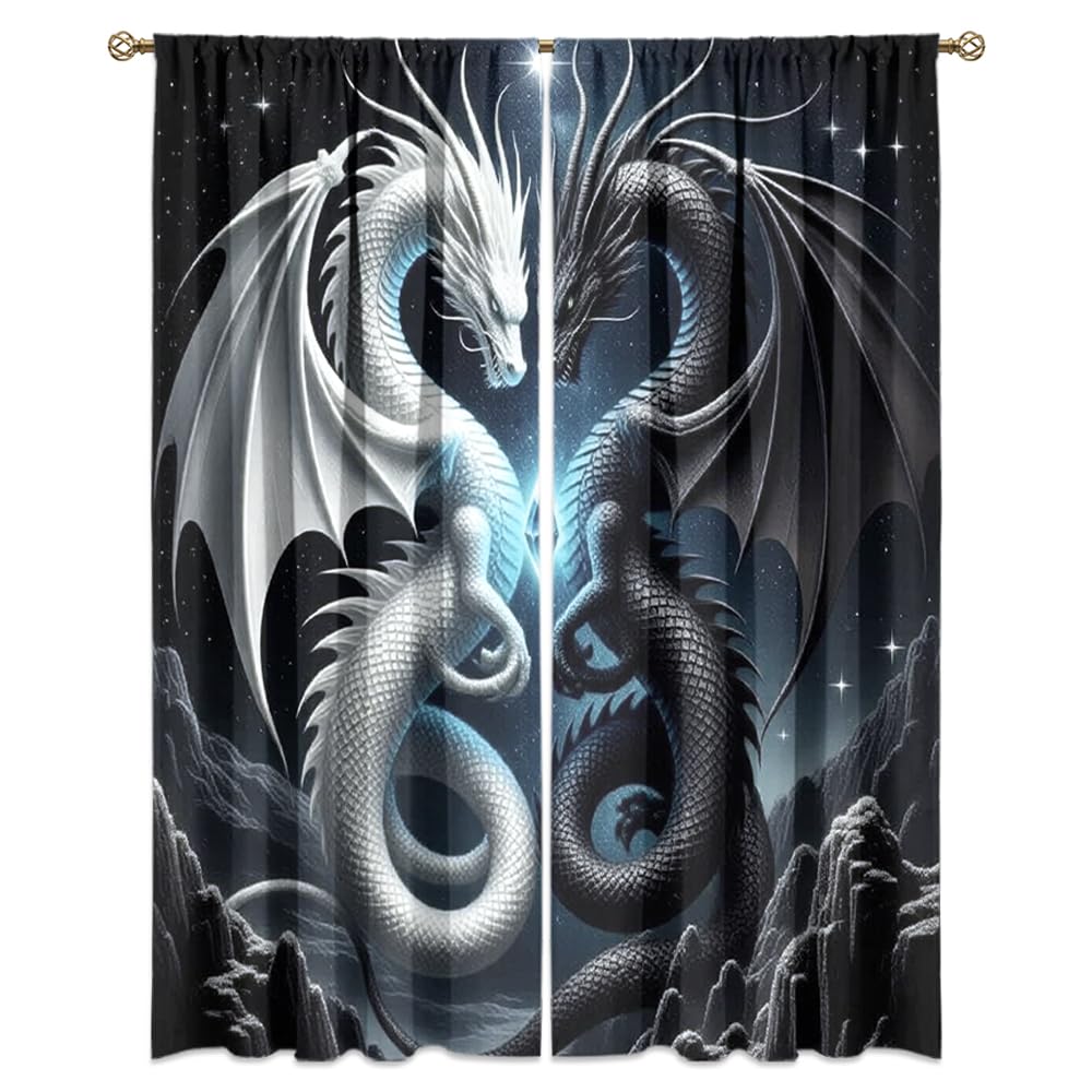 Dreamy Ice Fire Dragon Rod Pocket Curtains-Fantasy Yin Yang Theme Blackout Curtains & Drapes for Bedroom,Mythological Wild Animals Dragon Room Darkening Window Curtain,2pcs,Each 52“W x 96”L