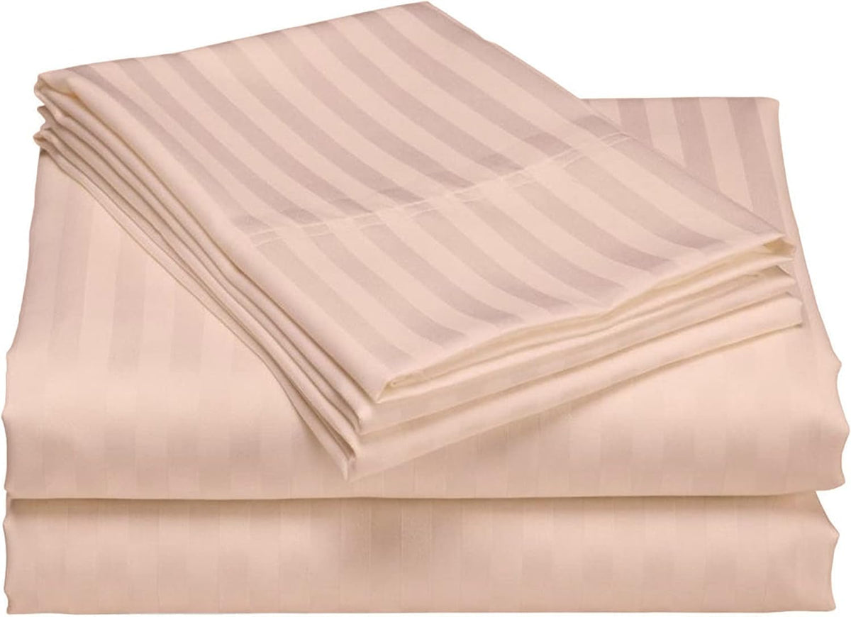 USA Queen Sheet Set in Peach Stripe 400 Thread-Count 100% Egyptian Long Staple Cotton, Sateen Weave for Soft and Silky Feel, Breathable 4-Piece Bedsheet, Elasticized 24'' Extra Deep Pocket