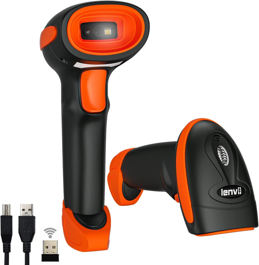 LENVII CW200 2D Barcode Scanner Wireless 2 in 1 Handhold Barcode Reader QR Code Scanner USB Bar Code Scanner for Shop use Store,Supermarket, Warehouse (Orange)