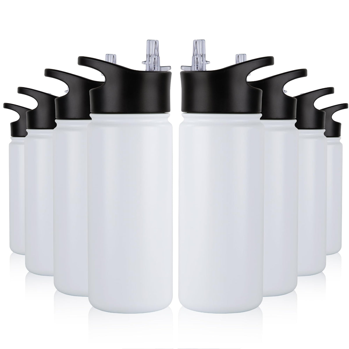 32 oz Insulated Water Bottle Bulk 8 Pack, Stainless Steel Sports Water Bottles with Straw Lid & Wide Mouth Lids, Double Walled Vacuum, Leak Proof, White