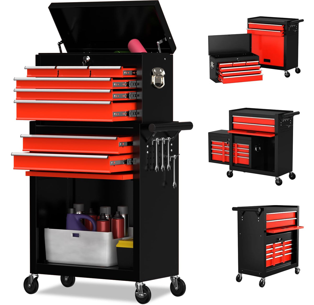 8 Drawer Rolling Tool Chest, High Capacity Tool Box with Lockable Wheels and Drawers, 2 in 1 Portable Toolbox Organizer Storage Cabinet For Garage, Warehouse, Repair Shop