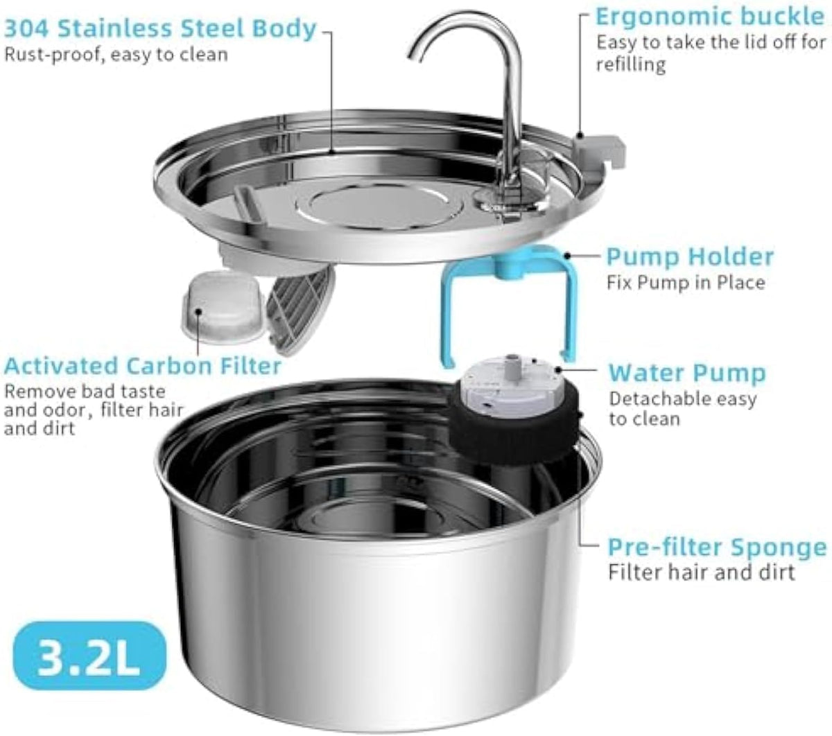 Water Fountain for Cats, 3.2L/7L Cat Fountain, Super Quiet Stainless Steel Fountain Water Bowl for Small Cats Dogs & Medium and Large Animals (Silver, 7L-with 10 Filter Element)
