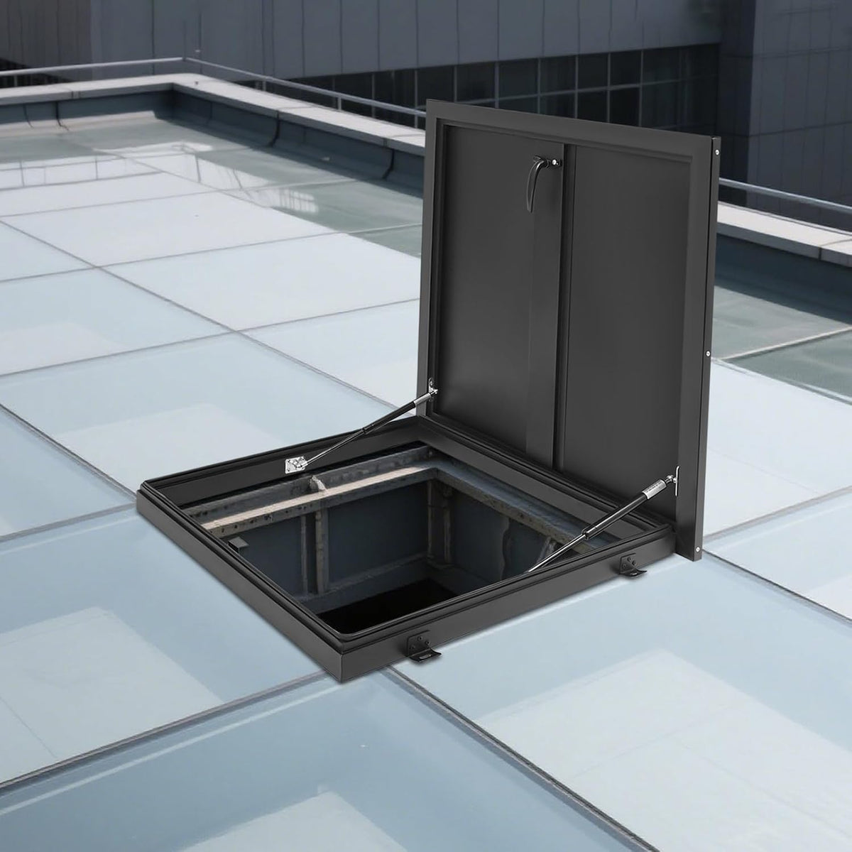 Roof Hatch, Roof Access Hatch,Roof Security Door with Hydraulic Support Rod and Switch Type Handle,Commercial Manhole Cellar Export Lid,Attic Skylights Roof Hatch Vent Access Door (Black-25.6x25.6)
