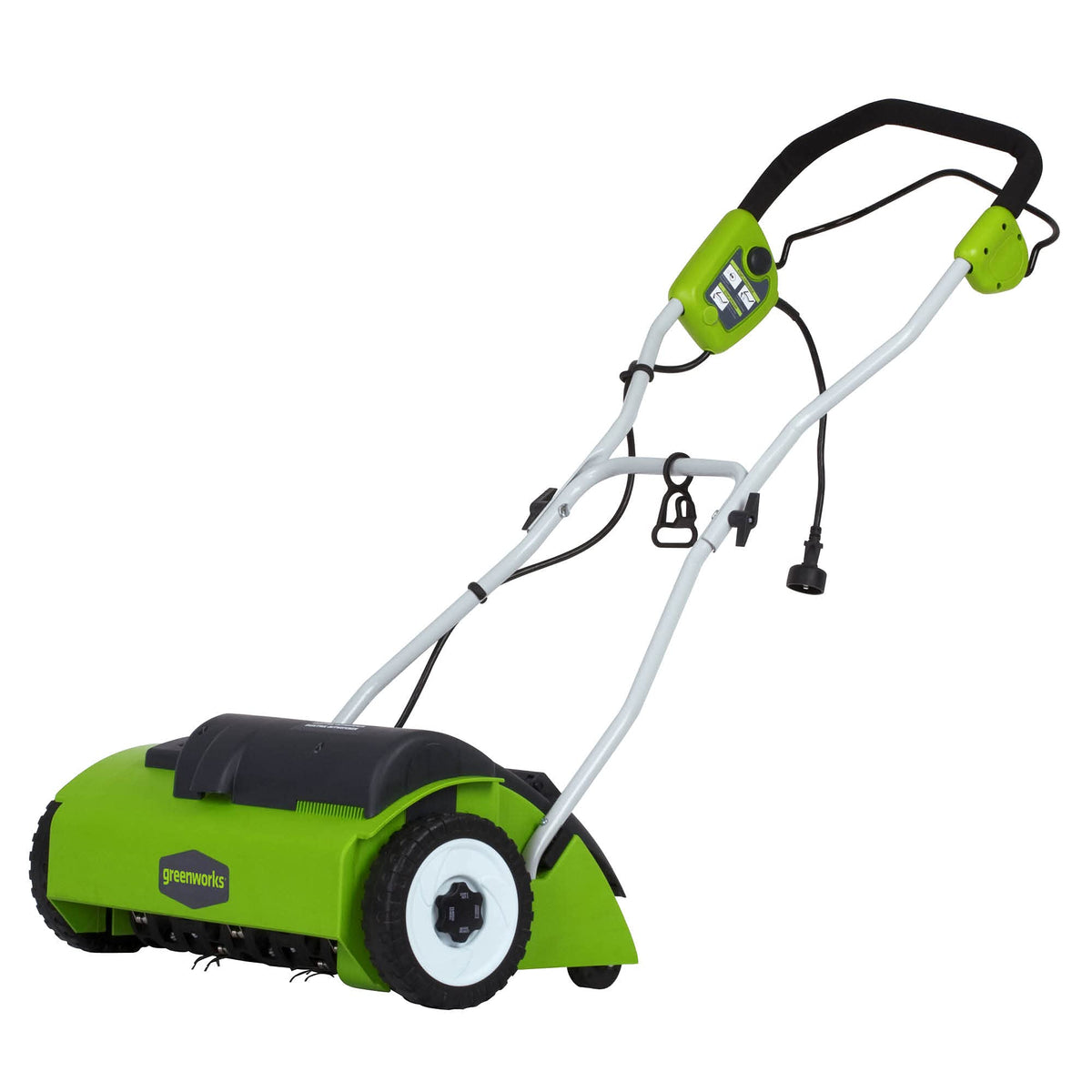 Greenworks 13 Amp 14-Inch Corded Dethatcher / Scarifier, 2-in-1 Electric Lawn Rake with 3-Position Depth Adjustment & Push-Button Start, Lawn Care Tool for Healthy Yard Maintenance