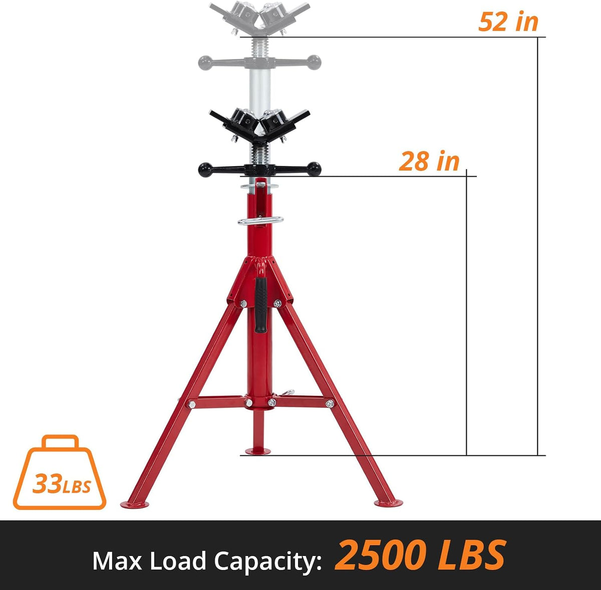 V Head Pipe Jack Stand with 4-Ball Transfer, 28-52 Inch Adjustable Height,1/8"-12" Wide Pipe Capacity, 2500 Lb Load Capacity Heavy Duty Steel Pipe Stand for Welding
