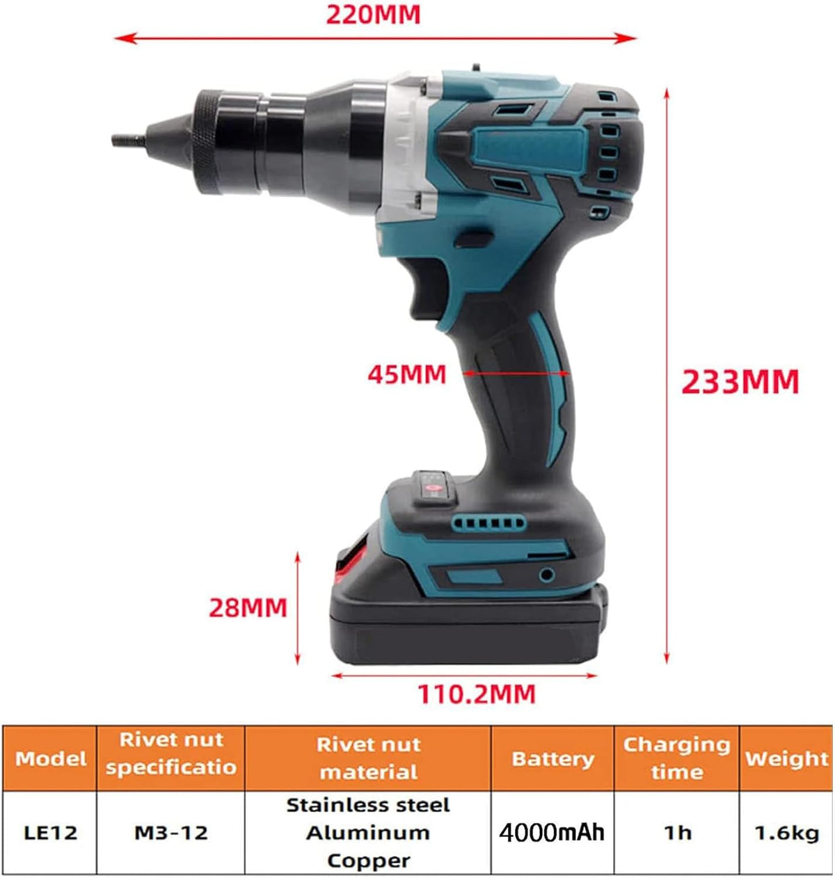 Cordless Rivet Nut Tool, Electric Rivet Nut Kit, Portable Electric Automatic Brushless Blind Rivet Nut Tool for Aluminum, Iron, Stainless Steel