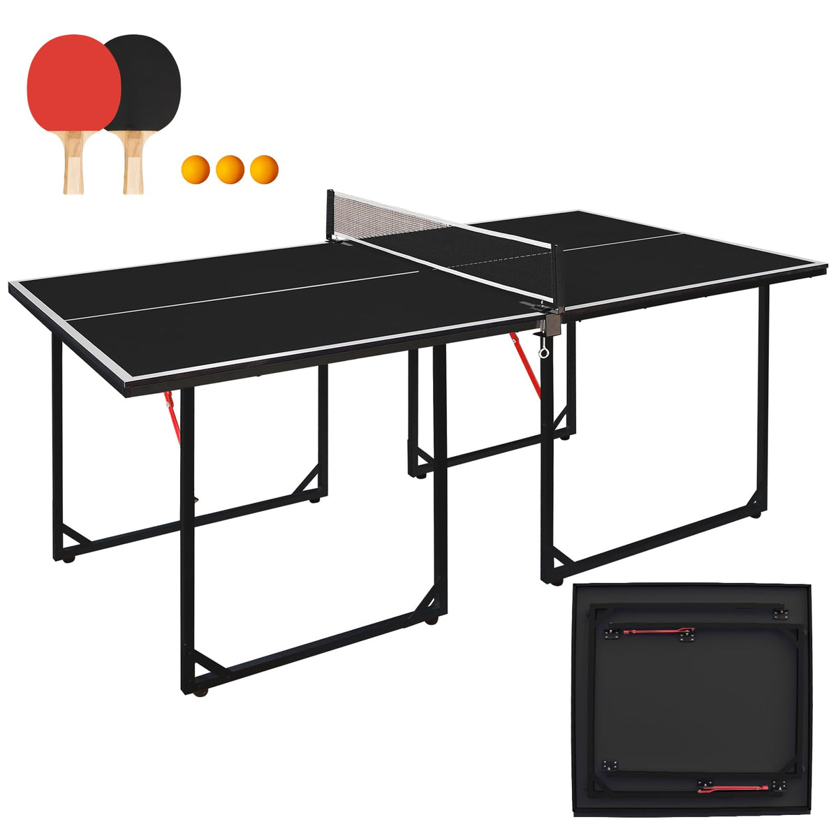 4.5/6ft/9ft Mid-Size Portable Ping Pong Tables Set, Foldable Table Tennis Table with Net,2 Paddles & 3 Balls, Multi-Use Free Standing Ping Pong Table for Indoor/Outdoor