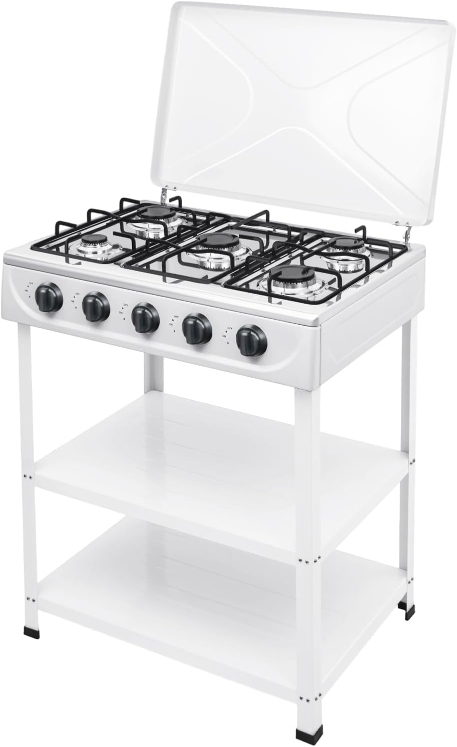 5 Burners Propane Camping Stove, 25 Inch Gas Stove, Natural Propane Stove Stand, Portable Camping BBQ Cooker with Storage Rack, 8500BTUs for Stir-frying Grilling Backyard Cooking (5 White)