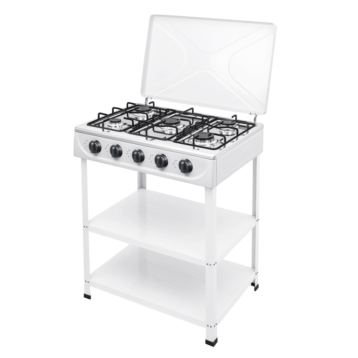 5 Burners Propane Camping Stove, 25 Inch Gas Stove, Natural Propane Stove Stand, Portable Camping BBQ Cooker with Storage Rack, 8500BTUs for Stir-frying Grilling Backyard Cooking (5 White)